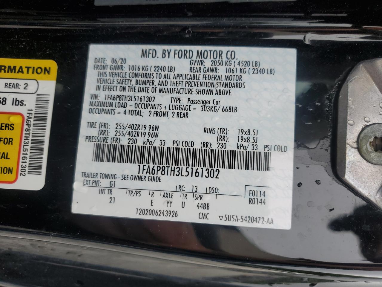 2020 Ford Mustang VIN: 1FA6P8TH3L5161302 Lot: 63614625