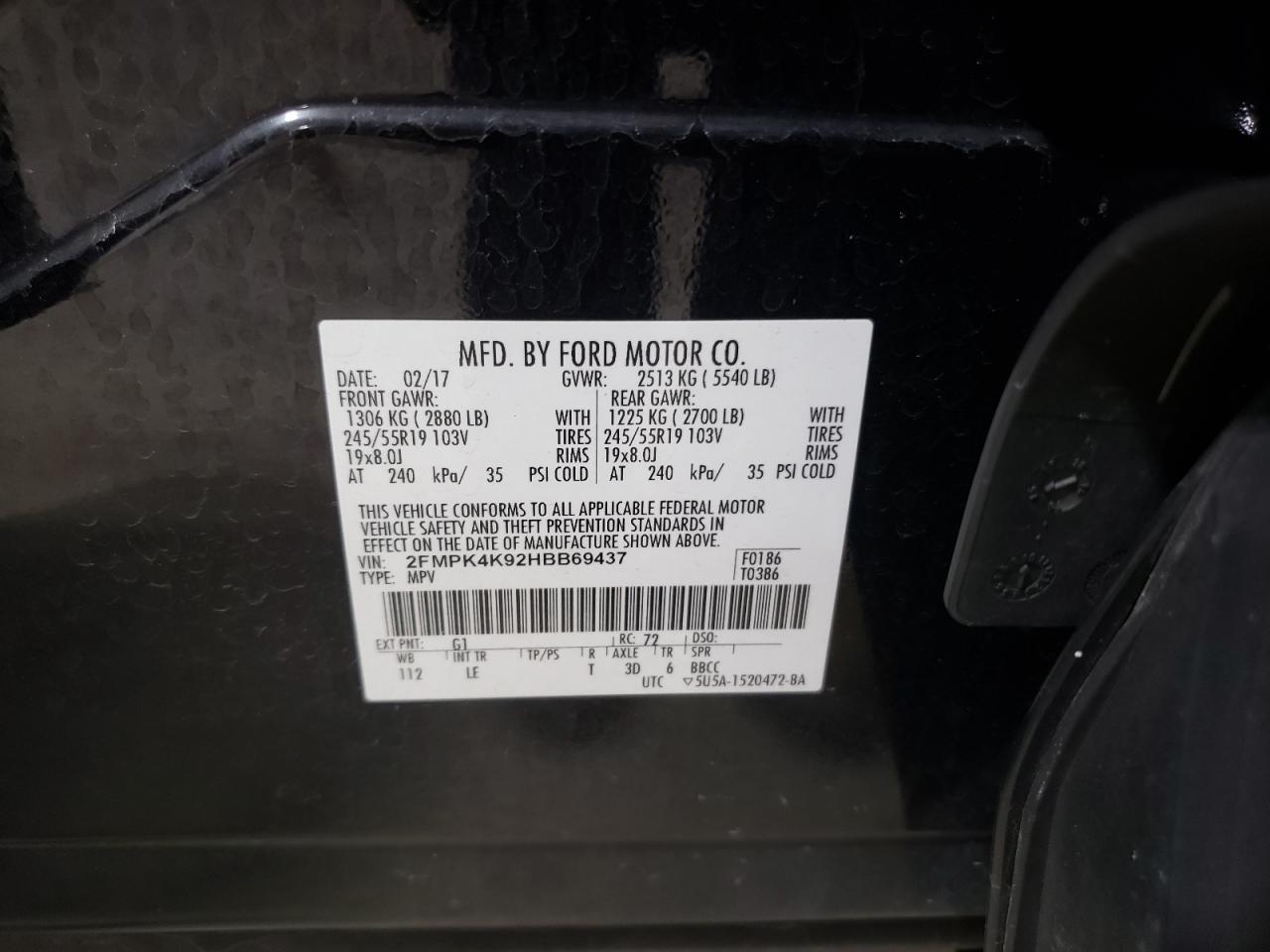 2017 Ford Edge Titanium VIN: 2FMPK4K92HBB69437 Lot: 63127695
