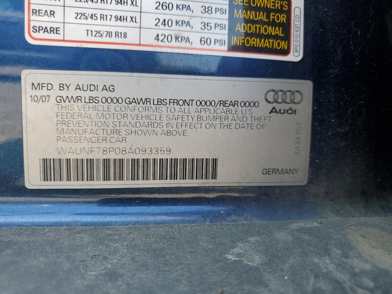 2008 Audi A3 2.0 Premium VIN: WAUNF78P08A093359 Lot: 65051395