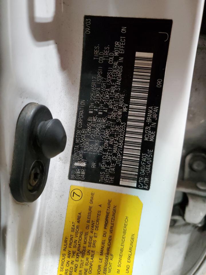 2004 Toyota Highlander Base VIN: JTEDP21A840003553 Lot: 66827735