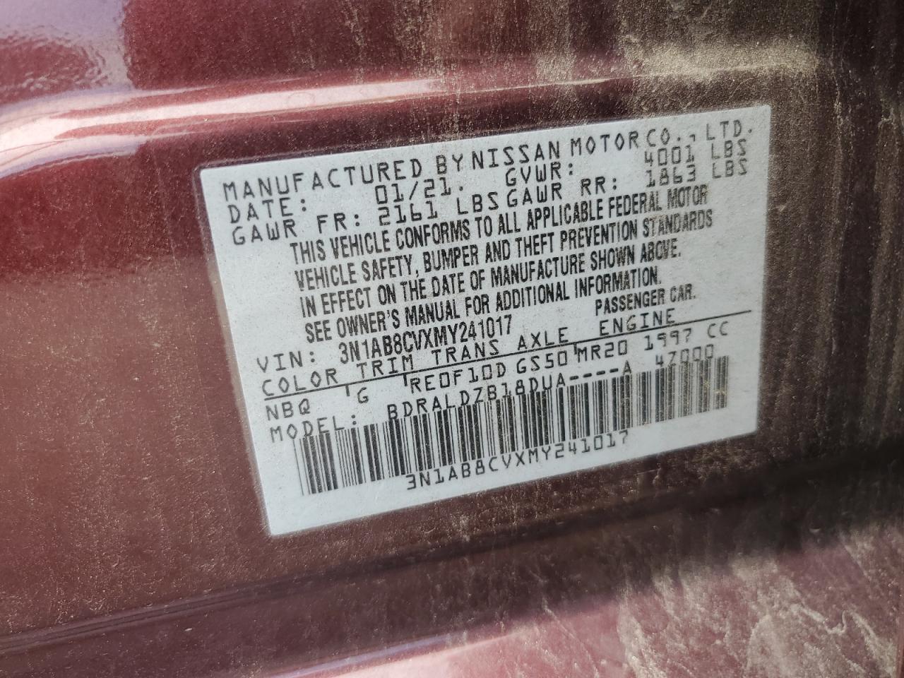 2021 Nissan Sentra Sv VIN: 3N1AB8CVXMY241017 Lot: 64288735