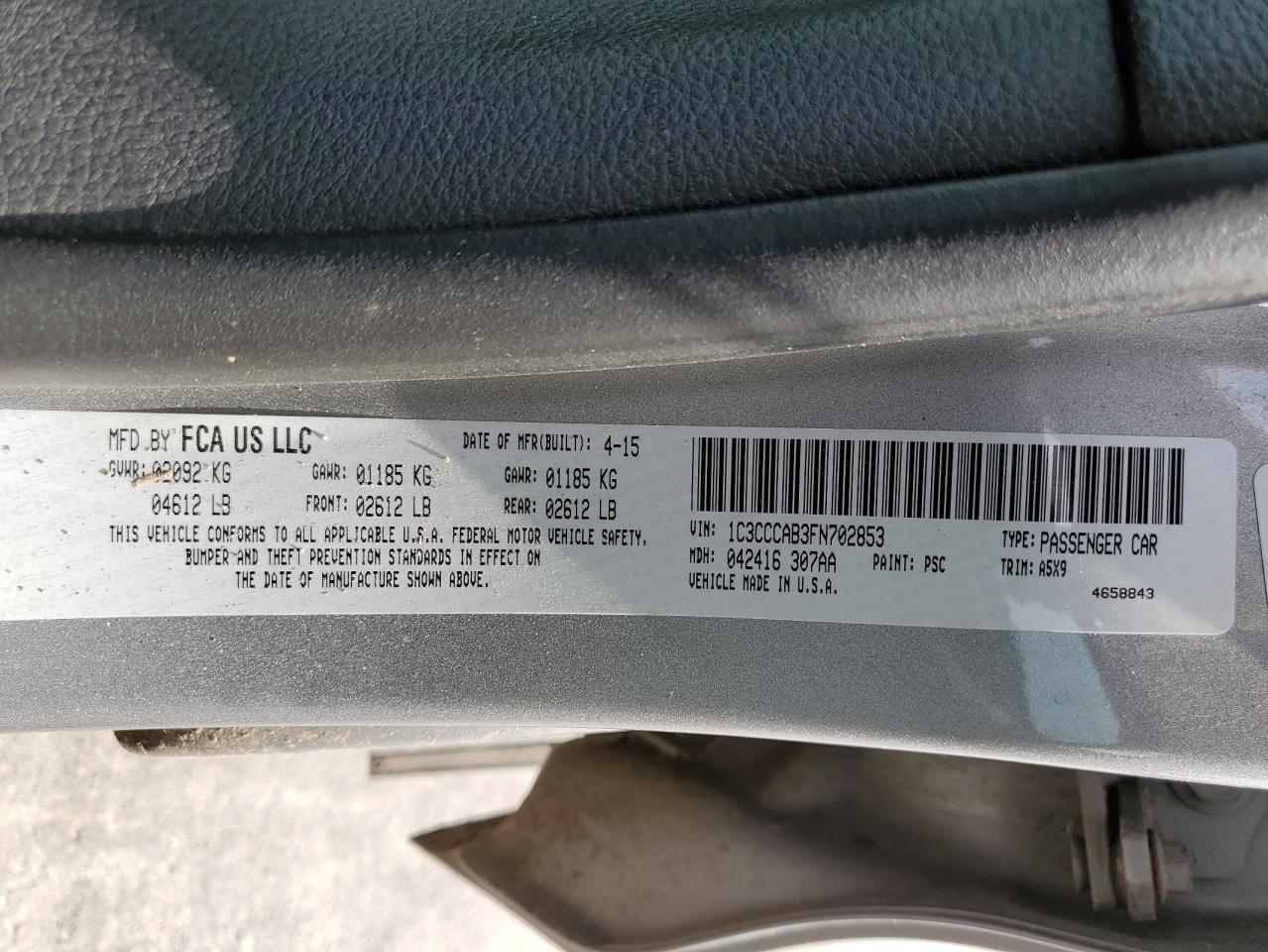 2015 Chrysler 200 Limited VIN: 1C3CCCAB3FN702853 Lot: 64193905