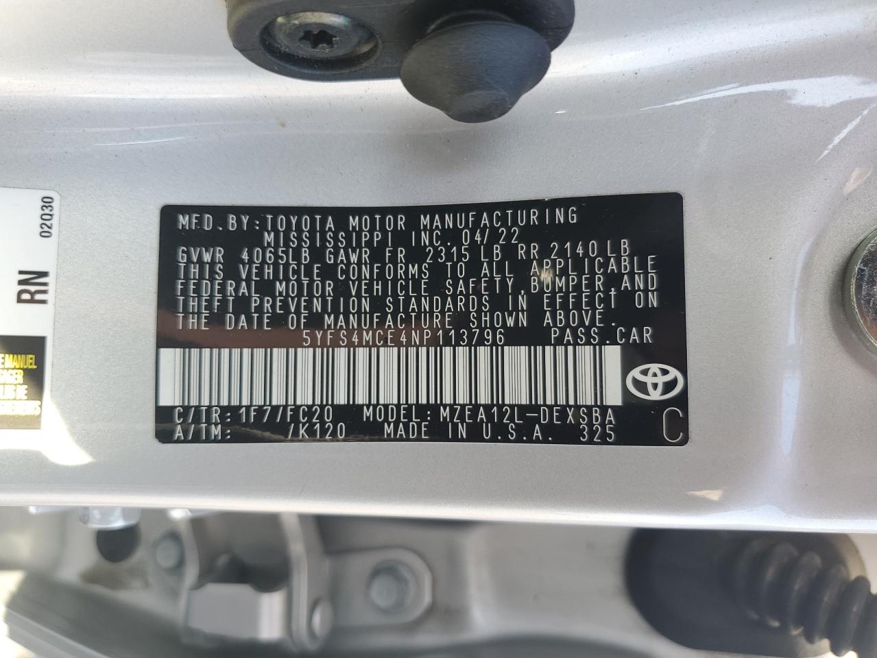 2022 Toyota Corolla Se VIN: 5YFS4MCE4NP113796 Lot: 63158965