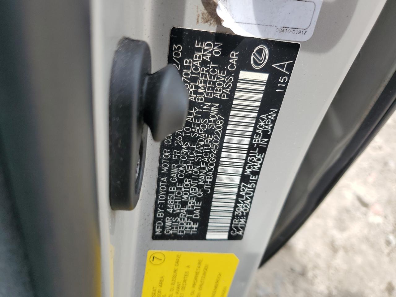 2004 Lexus Es 330 VIN: JTHBA30G945022087 Lot: 63429775
