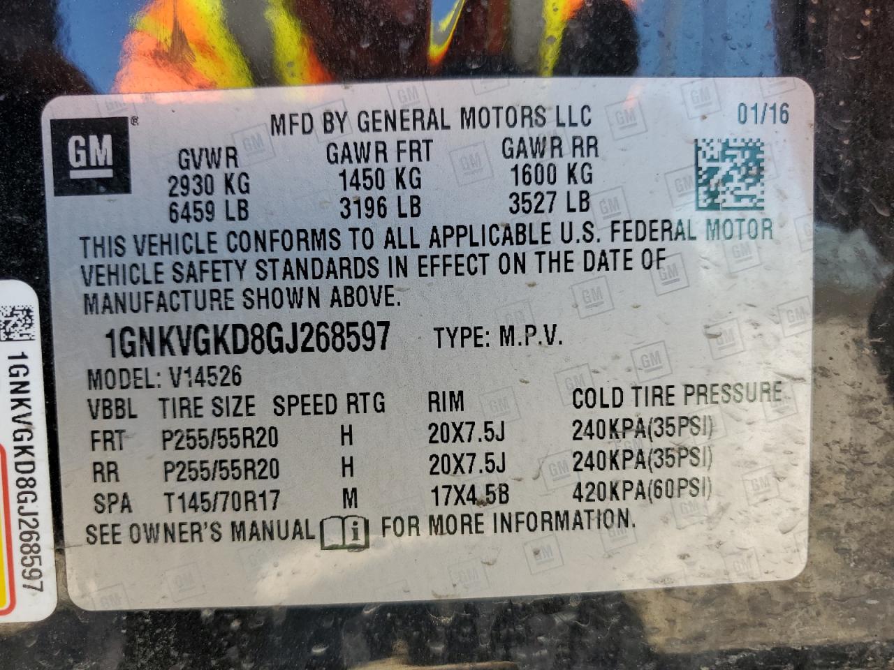 2016 Chevrolet Traverse Lt VIN: 1GNKVGKD8GJ268597 Lot: 62858285
