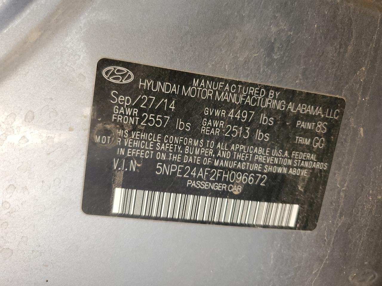 2015 Hyundai Sonata Se VIN: 5NPE24AF2FH096672 Lot: 66541505