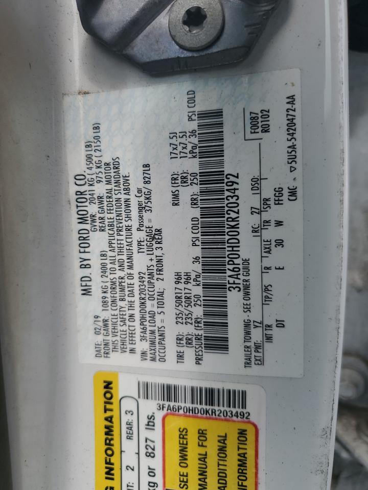 2019 Ford Fusion Se VIN: 3FA6P0HD0KR203492 Lot: 65199955