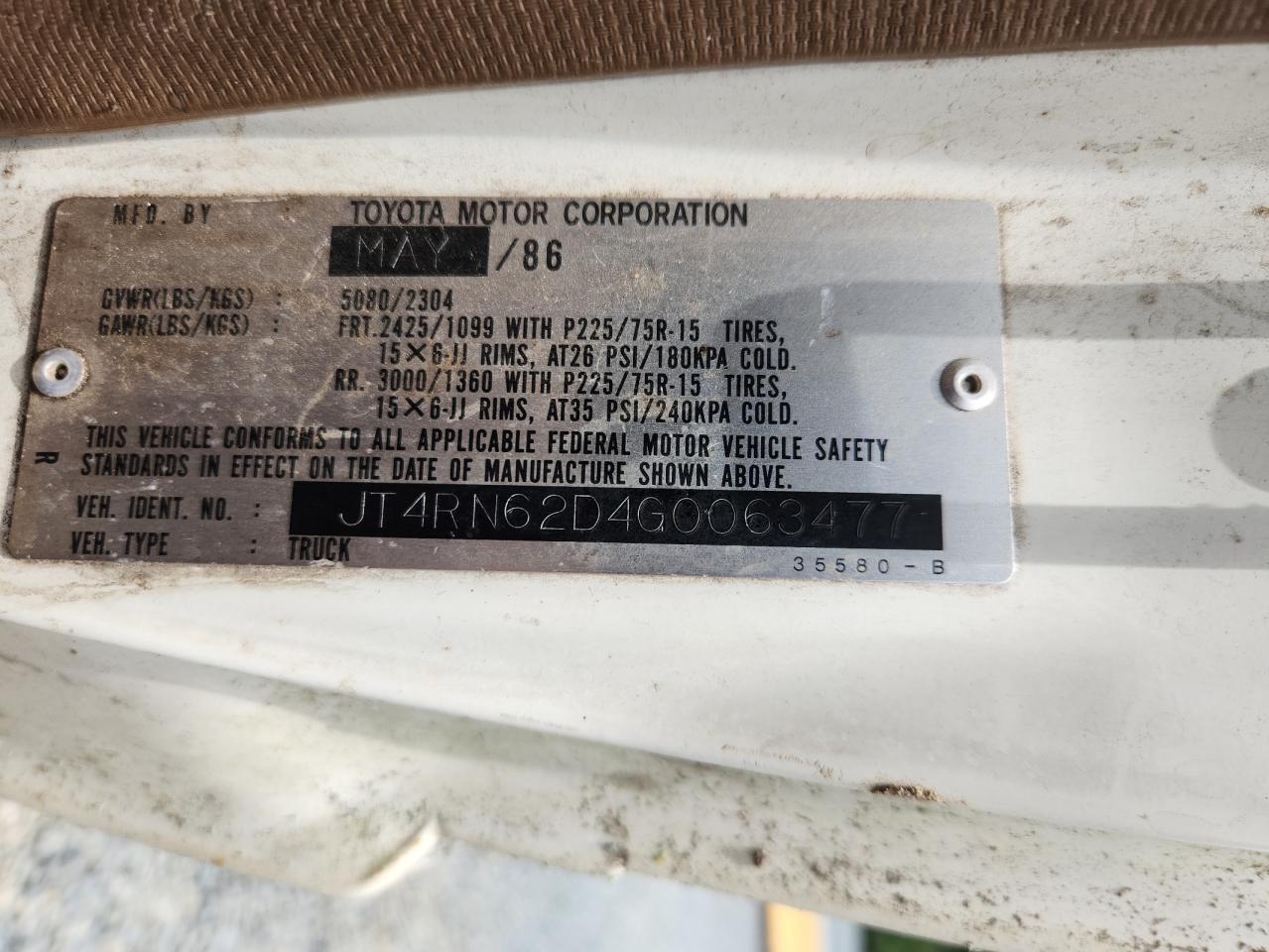 1986 Toyota 4Runner Rn60 VIN: JT4RN62D4G0063477 Lot: 64557945