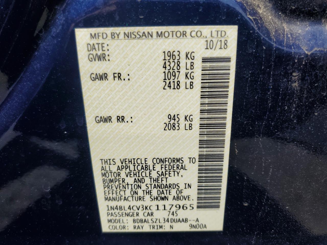 2019 Nissan Altima Sr VIN: 1N4BL4CV3KC117965 Lot: 65360685