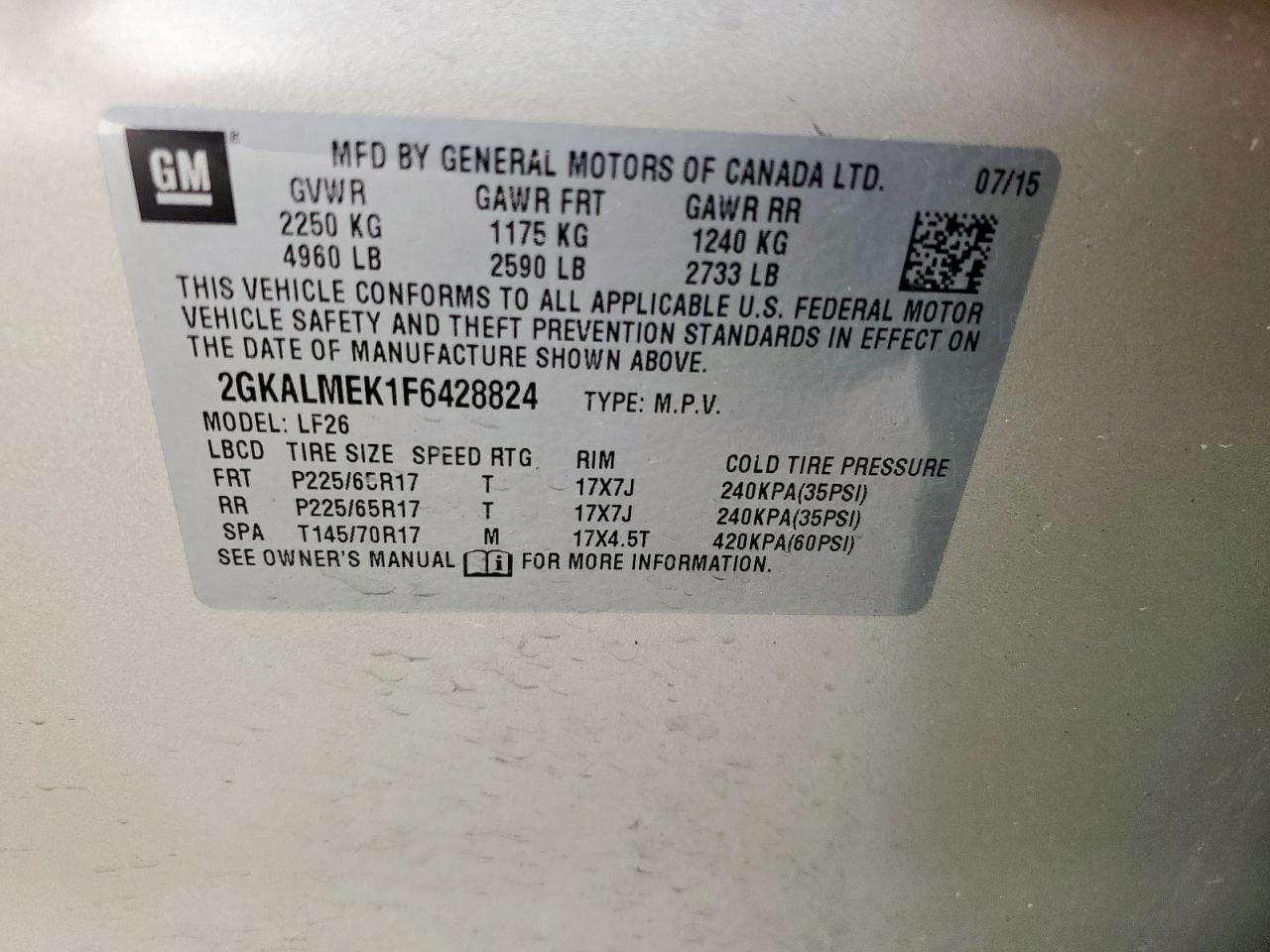 2015 GMC Terrain Sle VIN: 2GKALMEK1F6428824 Lot: 62774515