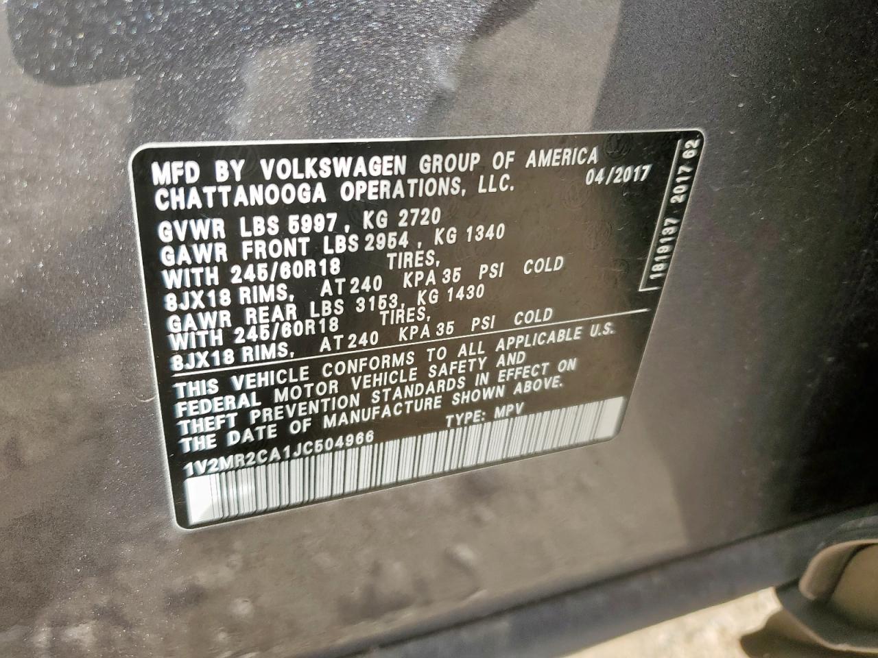 2018 Volkswagen Atlas Sel VIN: 1V2MR2CA1JC504966 Lot: 62826685