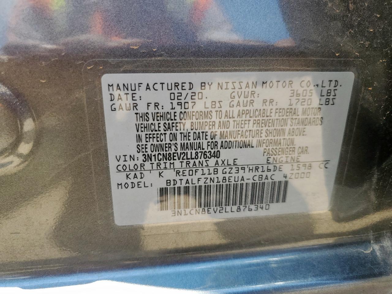 2020 Nissan Versa Sv VIN: 3N1CN8EV2LL876340 Lot: 64673605