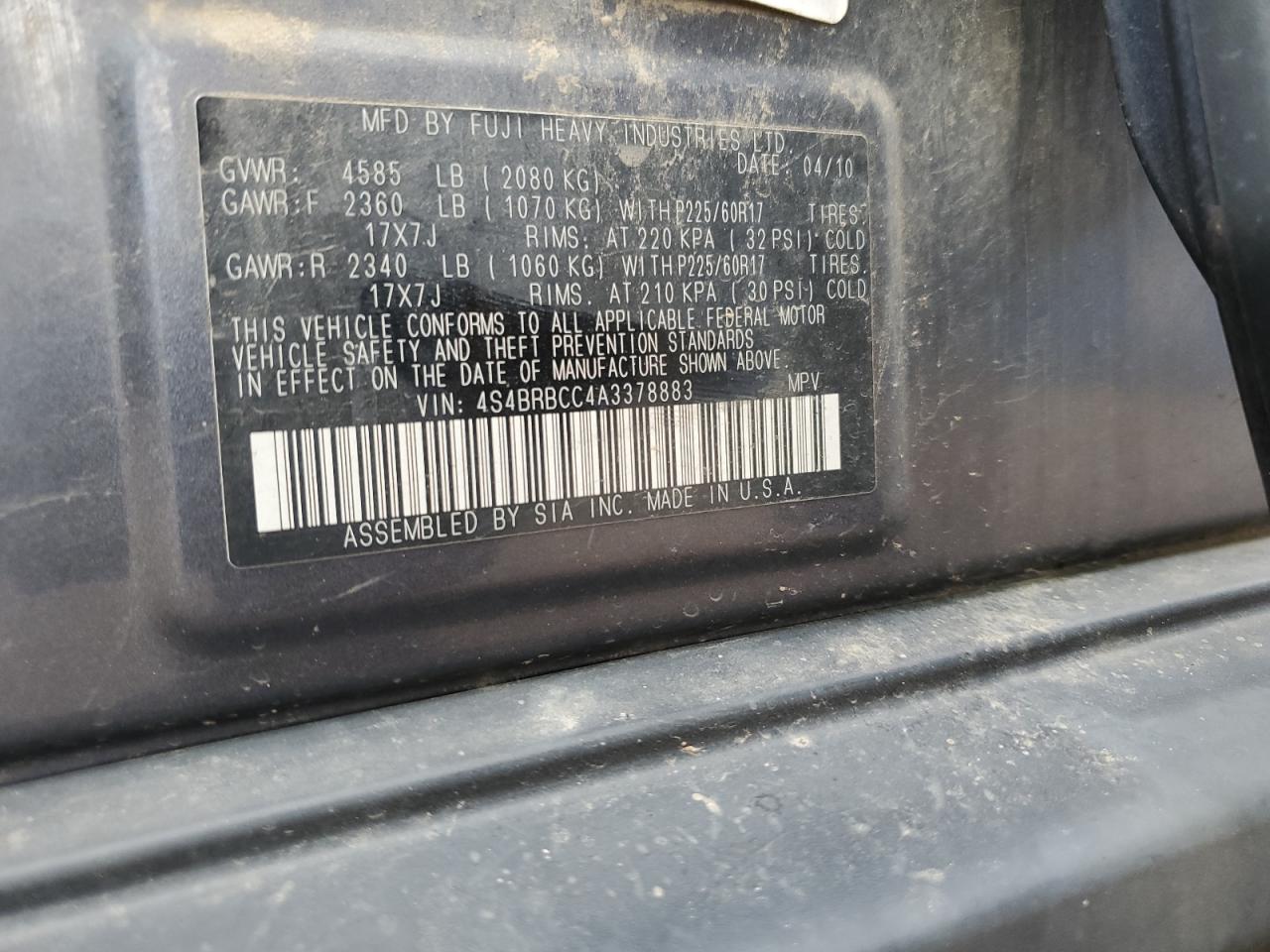 2010 Subaru Outback 2.5I Premium VIN: 4S4BRBCC4A3378883 Lot: 65014885