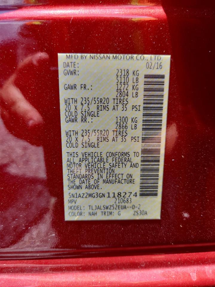 2016 Nissan Murano S VIN: 5N1AZ2MG3GN118274 Lot: 64800735
