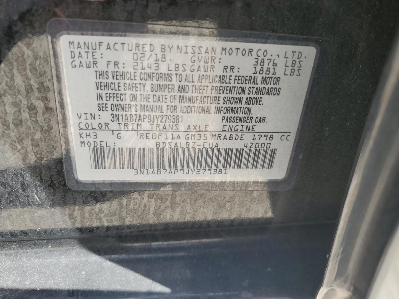 3N1AB7AP9JY279381 2018 Nissan Sentra S