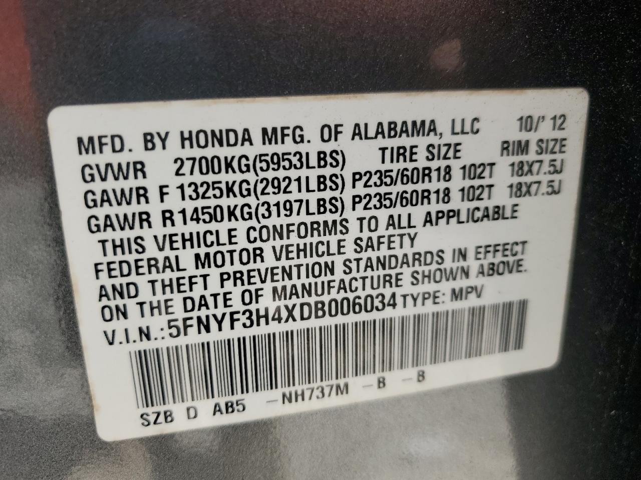 2013 Honda Pilot Ex VIN: 5FNYF3H4XDB006034 Lot: 63947285