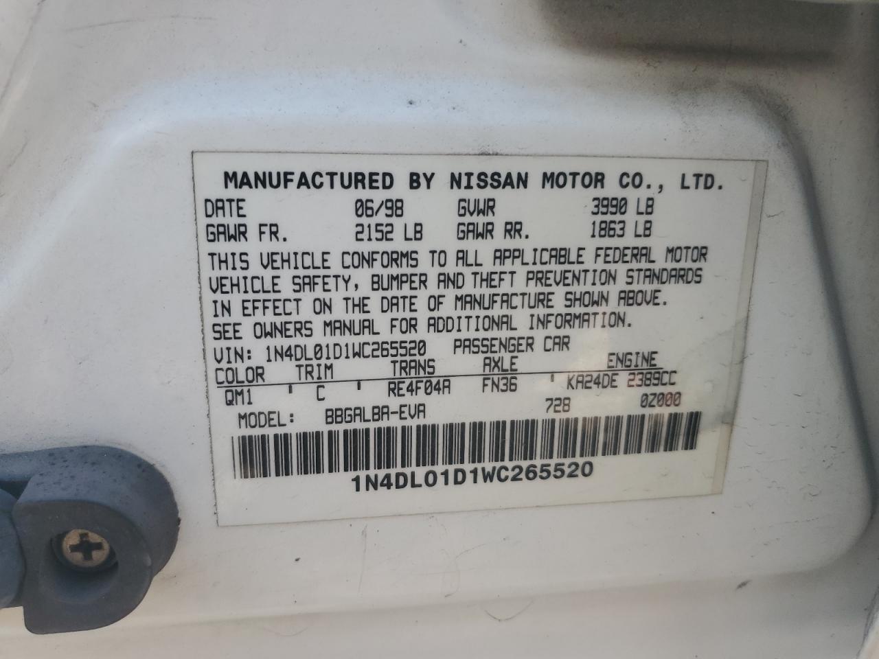 1998 Nissan Altima Xe VIN: 1N4DL01D1WC265520 Lot: 65769715