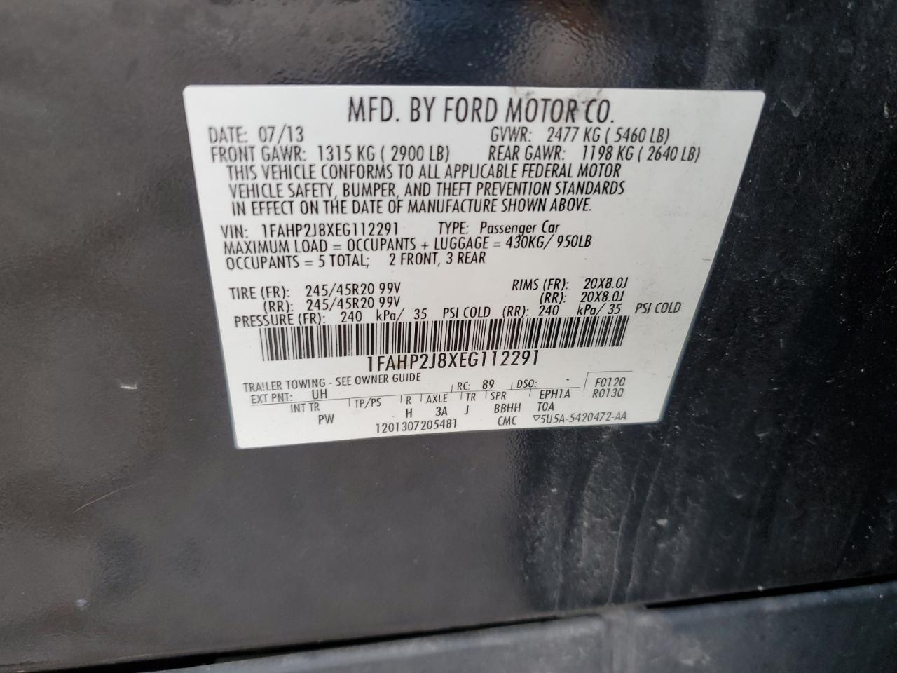 2014 Ford Taurus Limited VIN: 1FAHP2J8XEG112291 Lot: 66255585