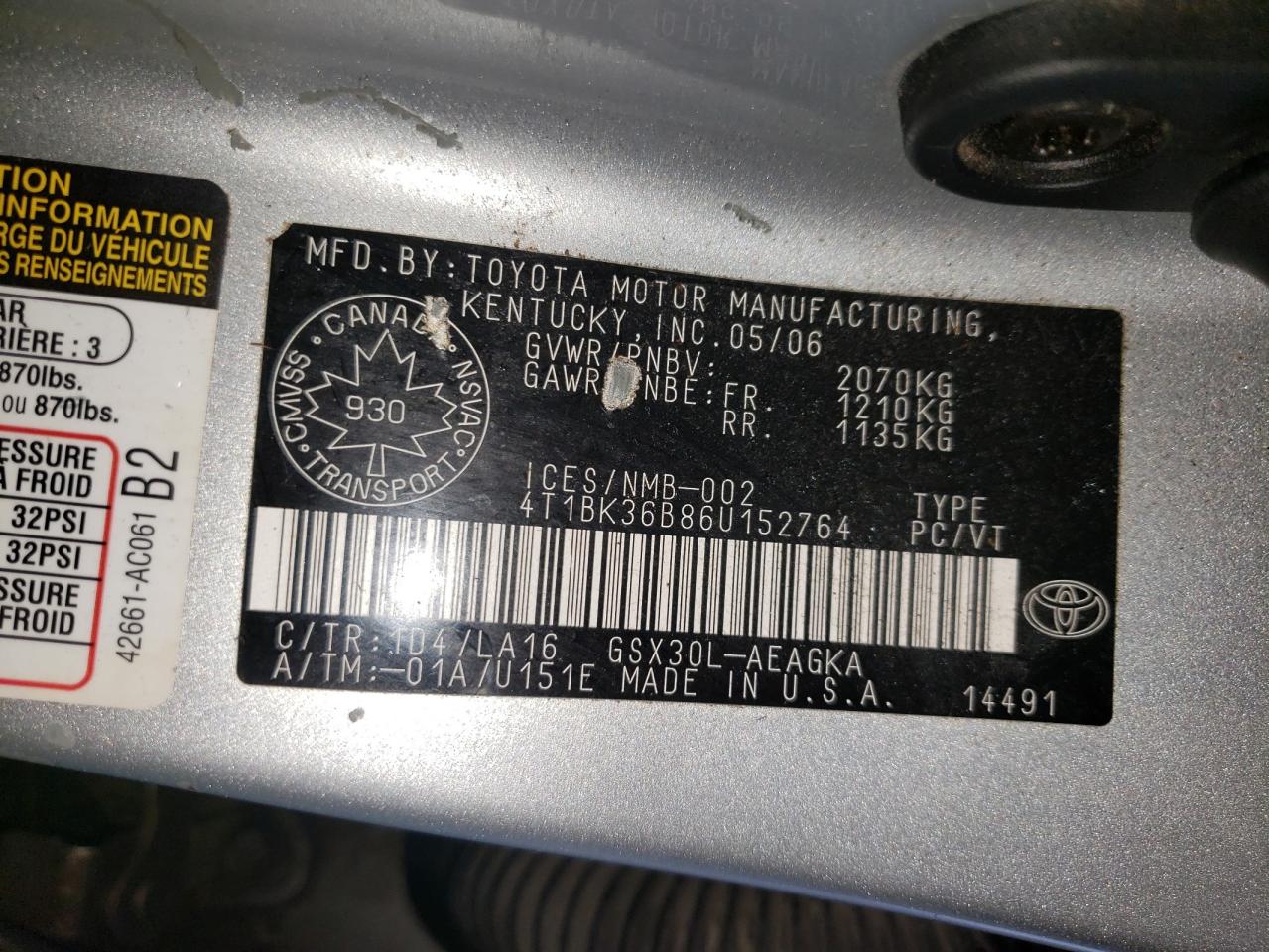2006 Toyota Avalon Xl VIN: 4T1BK36B86U152764 Lot: 63679275