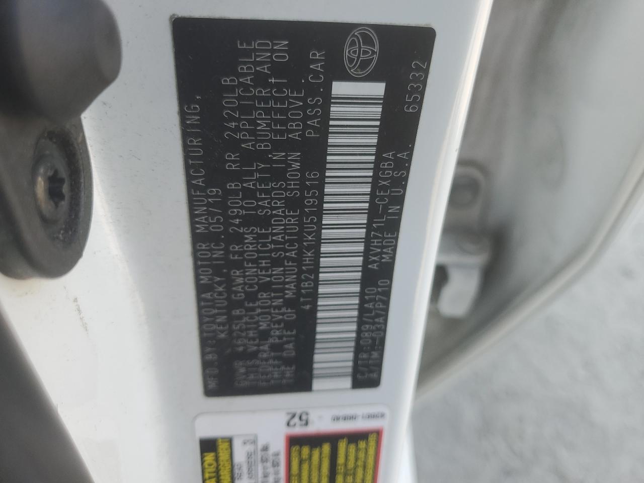 2019 Toyota Camry Hybrid VIN: 4T1B21HK1KU519516 Lot: 64476955