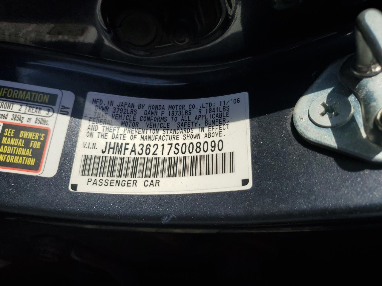 2007 Honda Civic Hybrid VIN: JHMFA36217S008090 Lot: 66574825