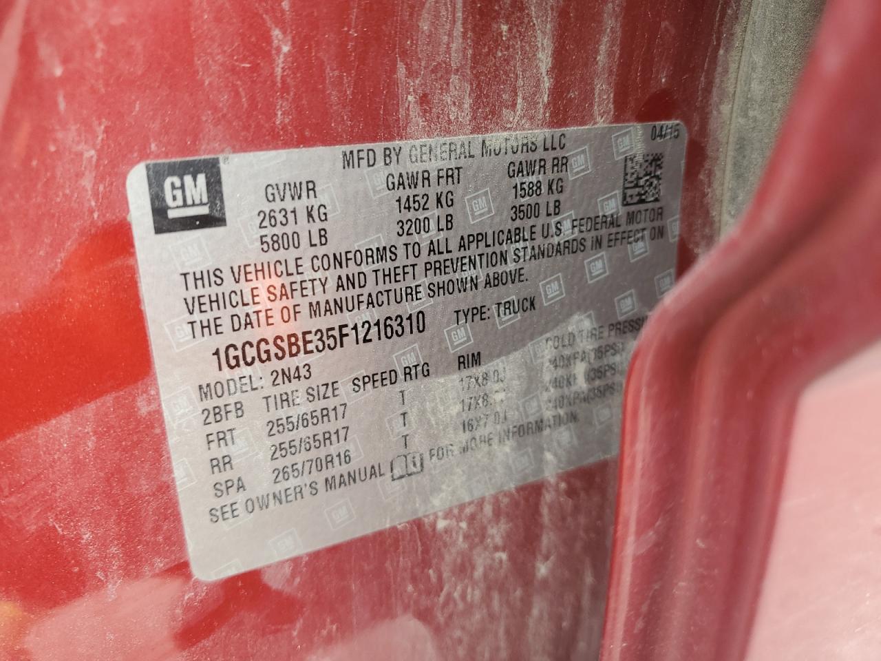 2015 Chevrolet Colorado Lt VIN: 1GCGSBE35F1216310 Lot: 70557835