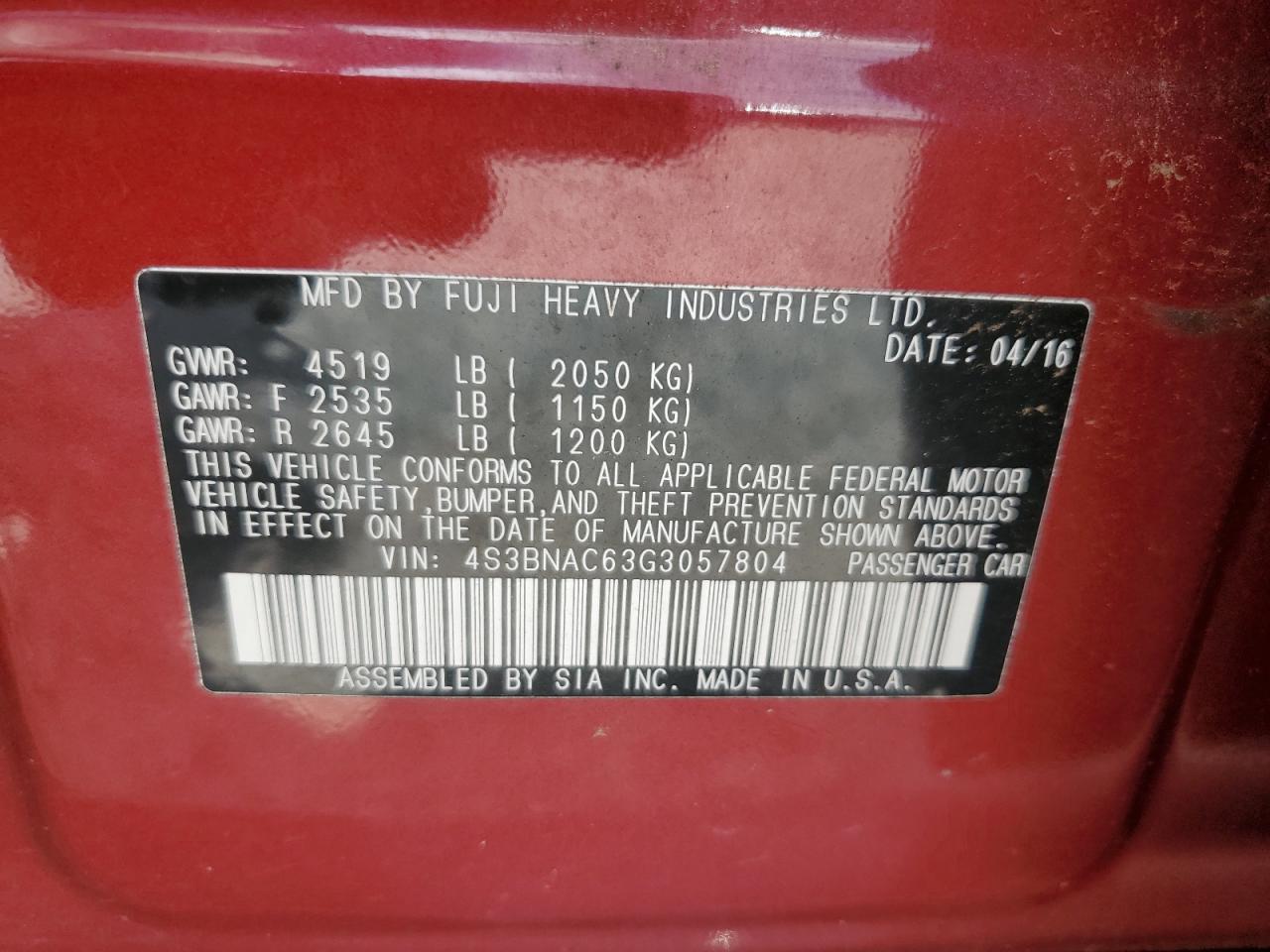 2016 Subaru Legacy 2.5I Premium VIN: 4S3BNAC63G3057804 Lot: 64474905