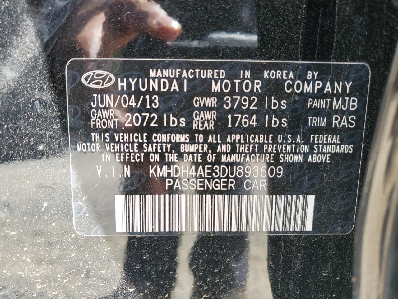 2013 Hyundai Elantra Gls VIN: KMHDH4AE3DU893609 Lot: 64923545