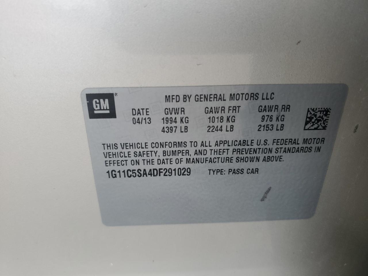 2013 Chevrolet Malibu 1Lt VIN: 1G11C5SA4DF291029 Lot: 66291385