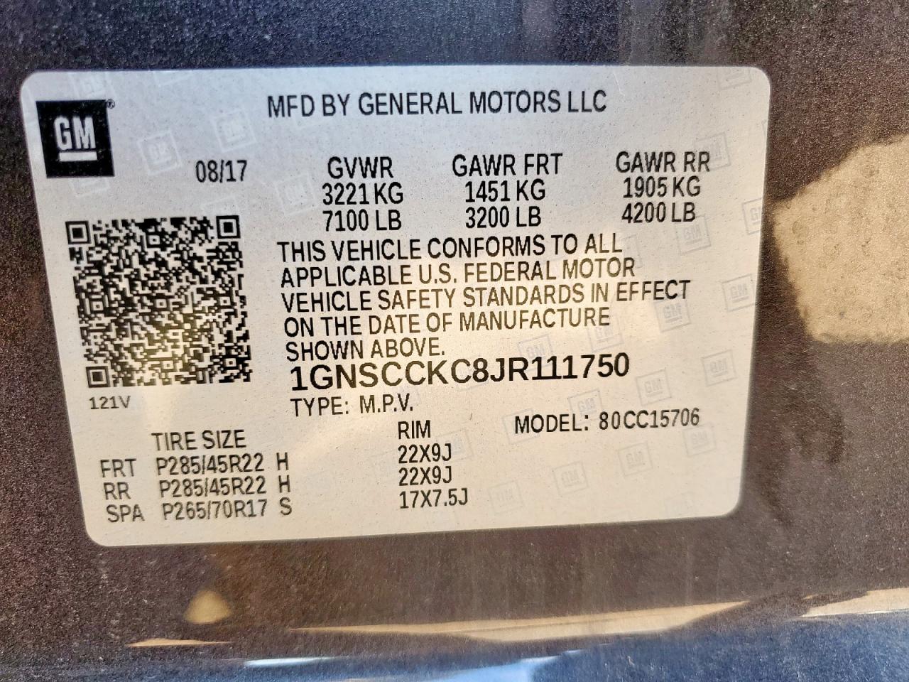 2018 Chevrolet Tahoe C1500 Premier VIN: 1GNSCCKC8JR111750 Lot: 64522315