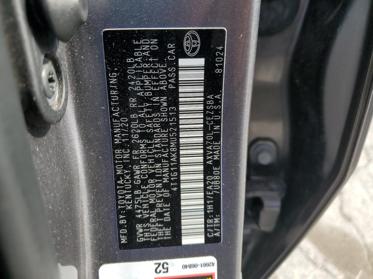 2021 Toyota Camry Se VIN: 4T1G11AK8MU521513 Lot: 65091845