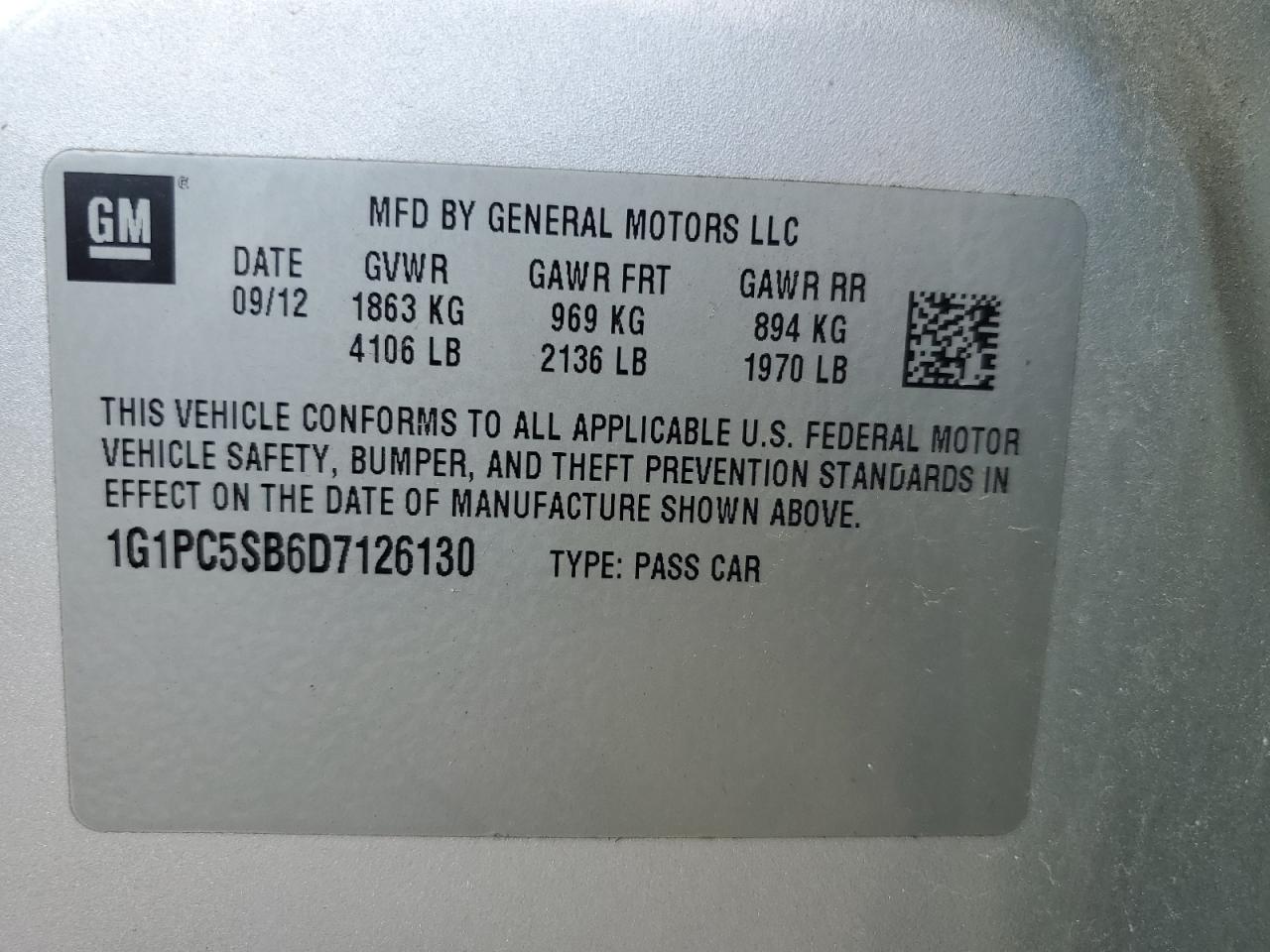 2013 Chevrolet Cruze Lt VIN: 1G1PC5SB6D7126130 Lot: 64588295