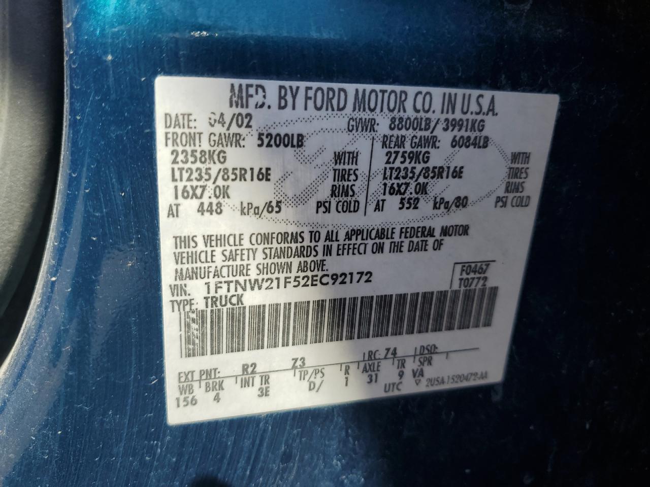 2002 Ford F250 Super Duty VIN: 1FTNW21F52EC92172 Lot: 85884995