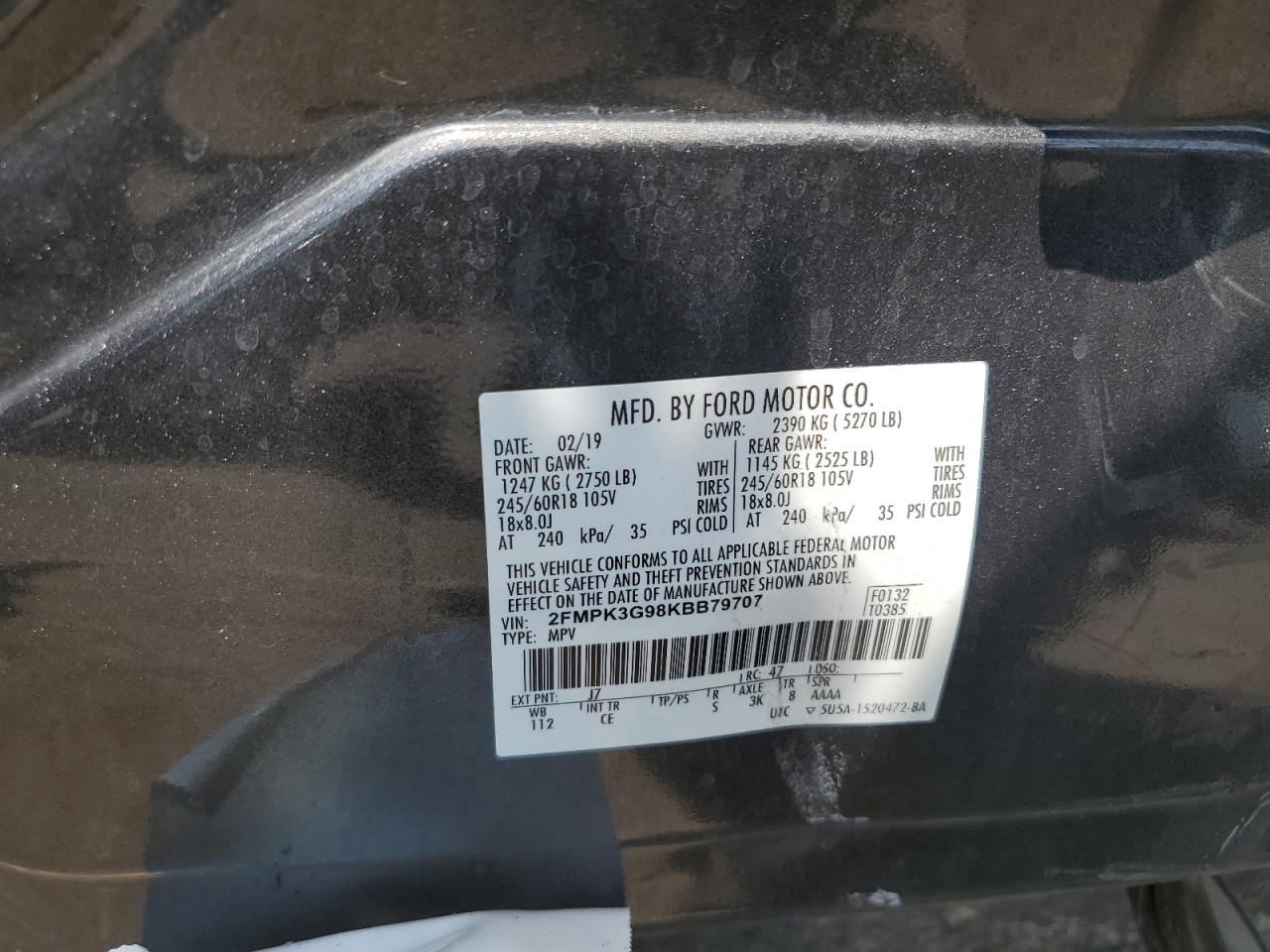 2019 Ford Edge Se VIN: 2FMPK3G98KBB79707 Lot: 64028335