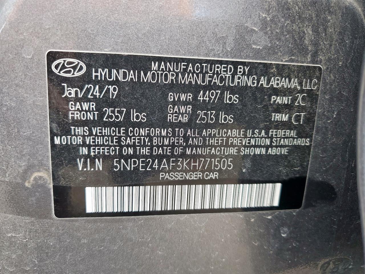 2019 Hyundai Sonata Se VIN: 5NPE24AF3KH771505 Lot: 65562345