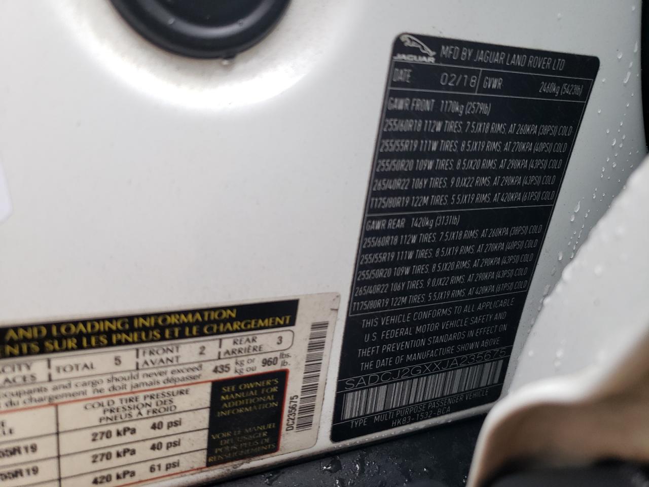 2018 Jaguar F-Pace Premium VIN: SADCJ2GXXJA235675 Lot: 63371605