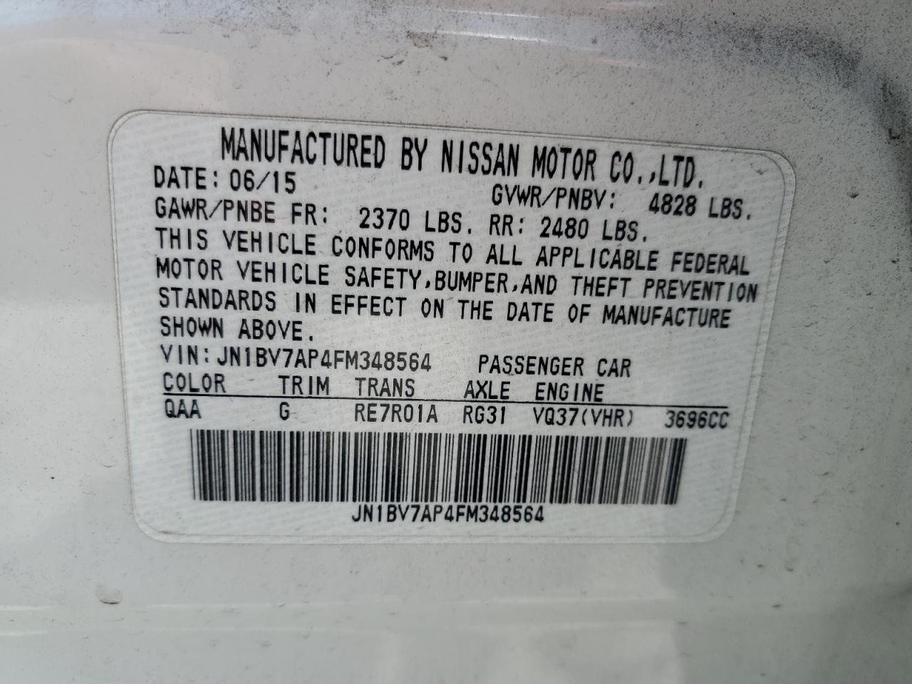 2015 Infiniti Q50 Base VIN: JN1BV7AP4FM348564 Lot: 63802725