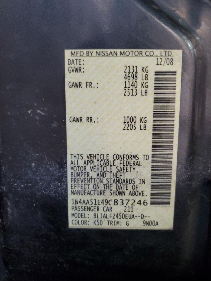 2009 Nissan Maxima S VIN: 1N4AA51E49C837246 Lot: 64997485