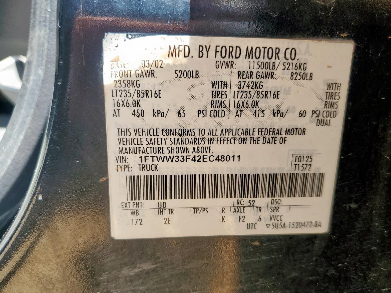 2002 Ford Super Duty F-350 W/D VIN: 1FTWW33F42EC48011 Lot: 65156505