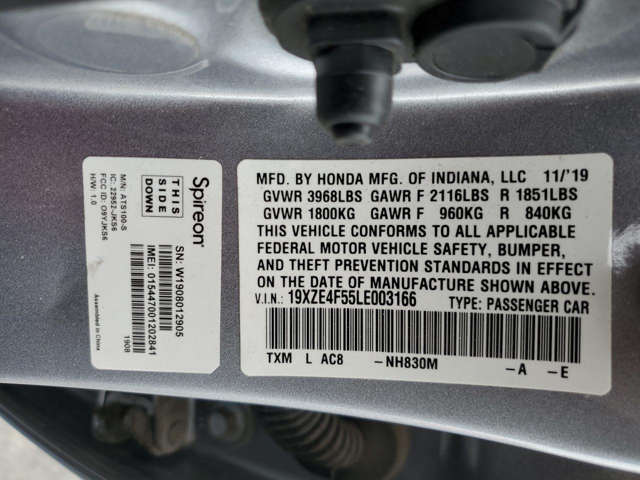 2020 Honda Insight Ex VIN: 19XZE4F55LE003166 Lot: 64613425