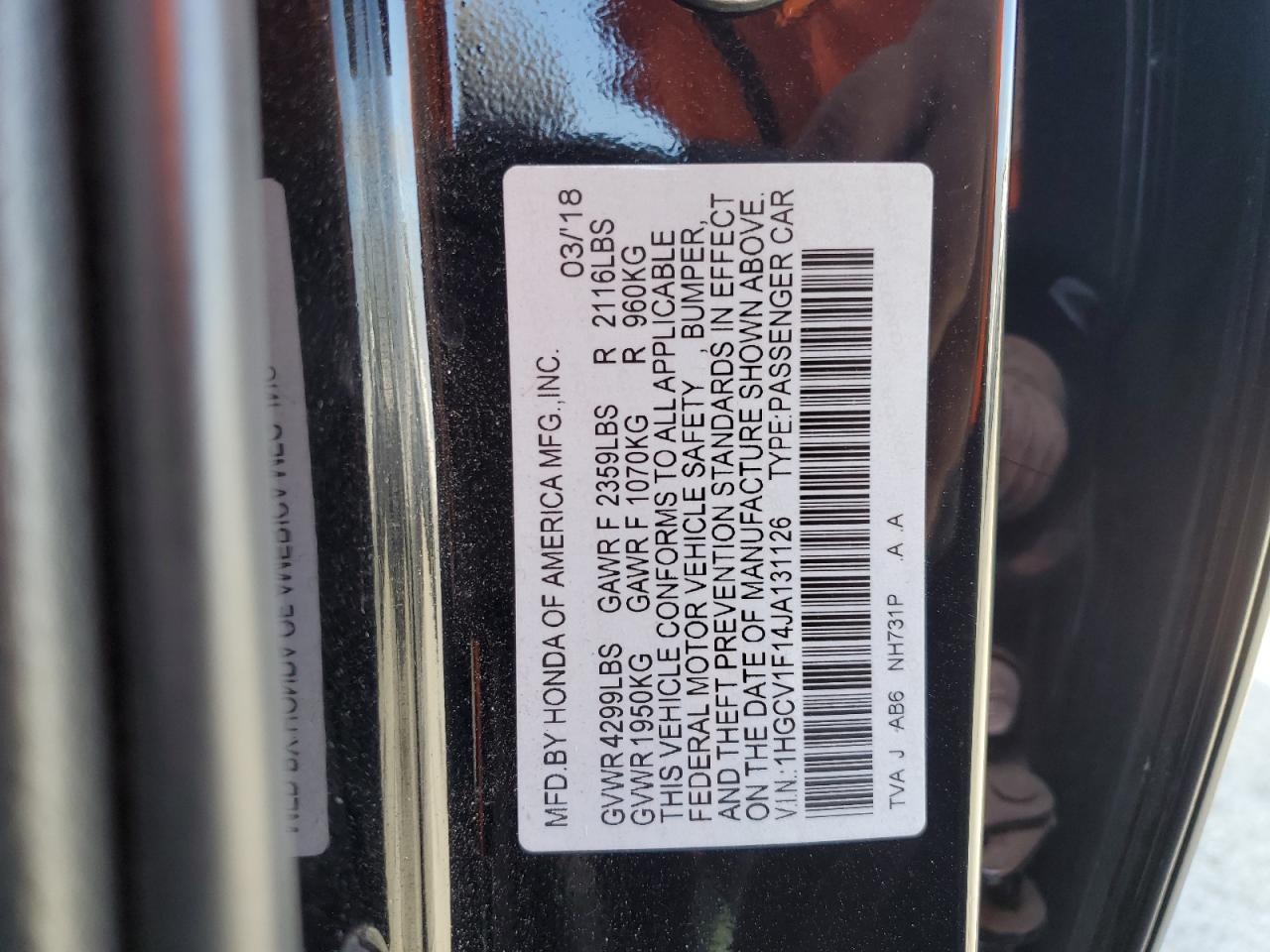 2018 Honda Accord Lx VIN: 1HGCV1F14JA131126 Lot: 65258765