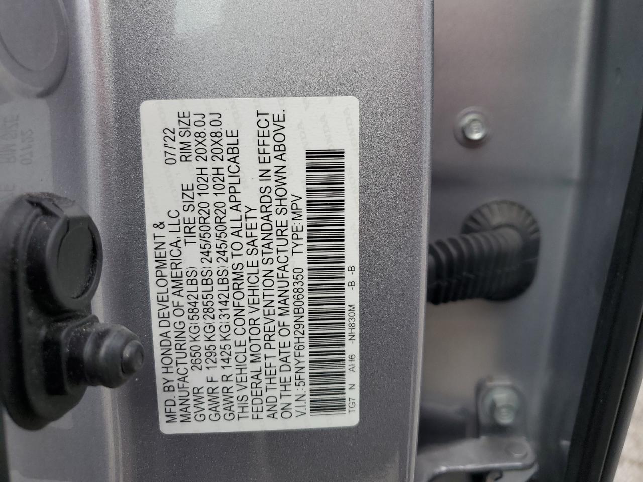 2022 Honda Pilot Se VIN: 5FNYF6H29NB068350 Lot: 65033555