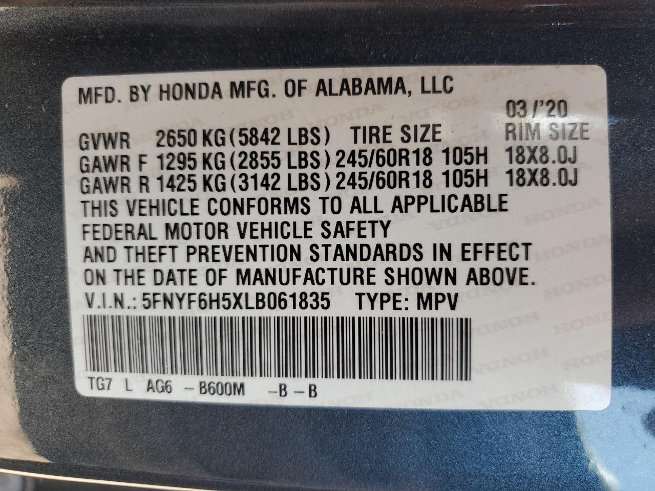2020 Honda Pilot Exl VIN: 5FNYF6H5XLB061835 Lot: 63317595