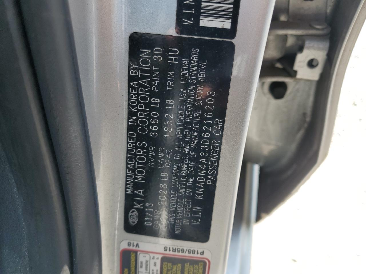 2013 Kia Rio Ex VIN: KNADN4A33D6216203 Lot: 64000915