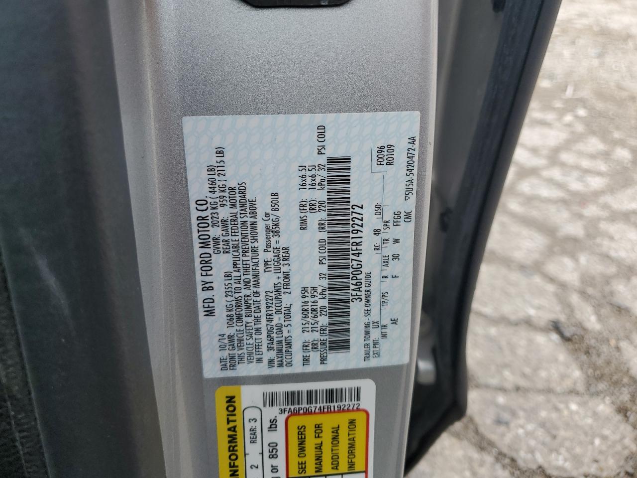 2015 Ford Fusion S VIN: 3FA6P0G74FR192272 Lot: 65246975