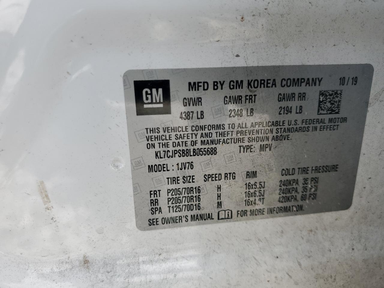 2020 Chevrolet Trax 1Lt VIN: KL7CJPSB8LB055688 Lot: 64436875