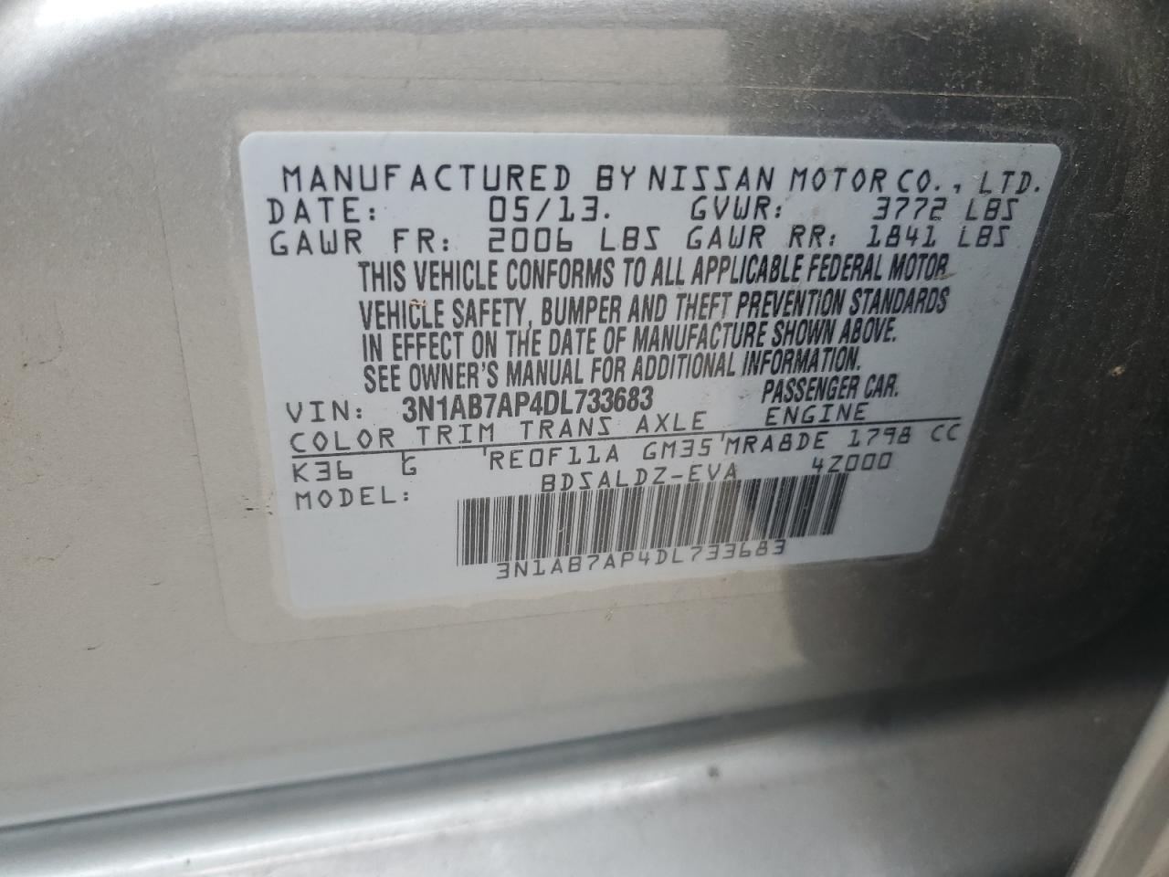 2013 Nissan Sentra S VIN: 3N1AB7AP4DL733683 Lot: 65237755