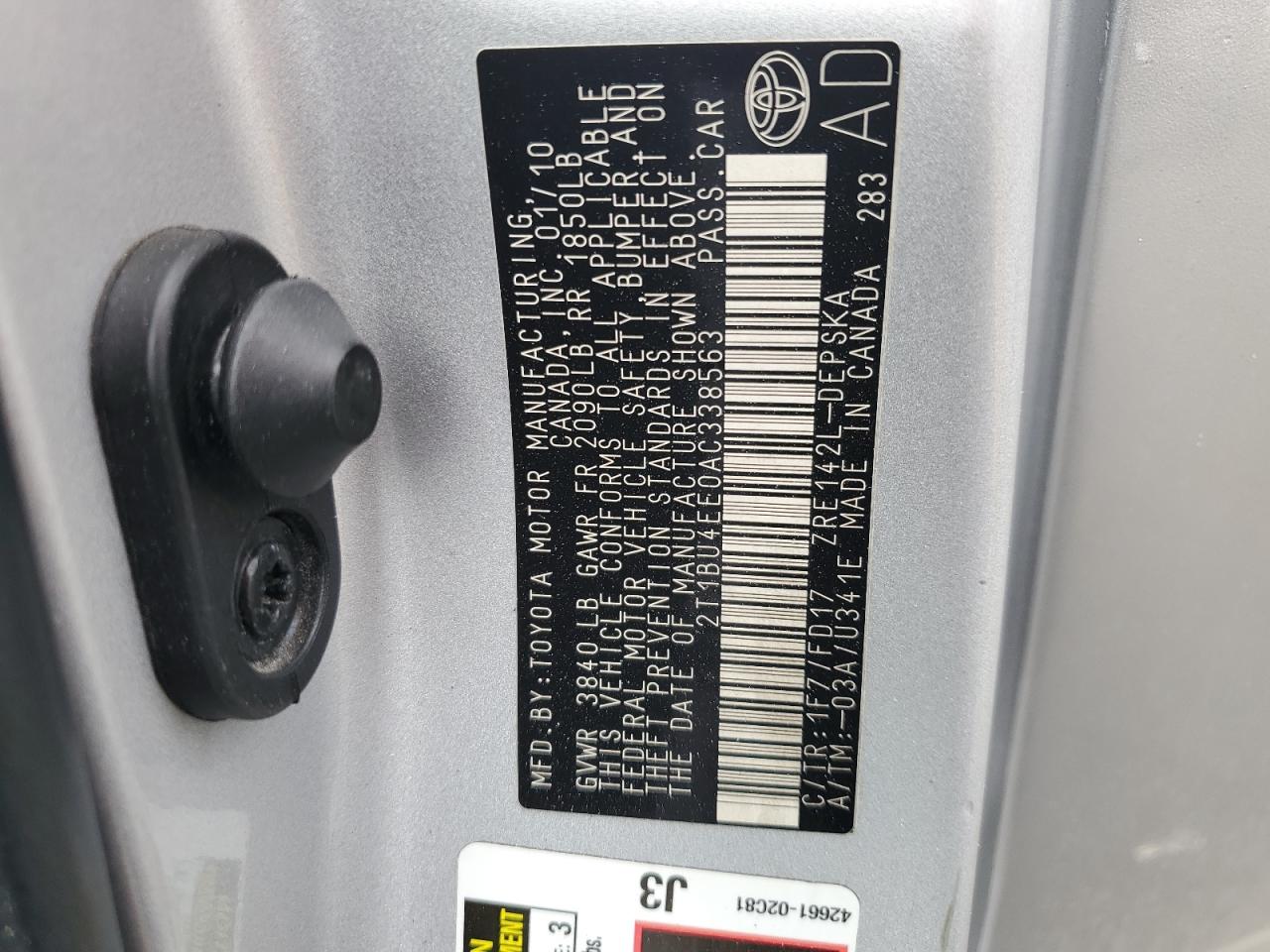 2010 Toyota Corolla Base VIN: 2T1BU4EE0AC338563 Lot: 62943155