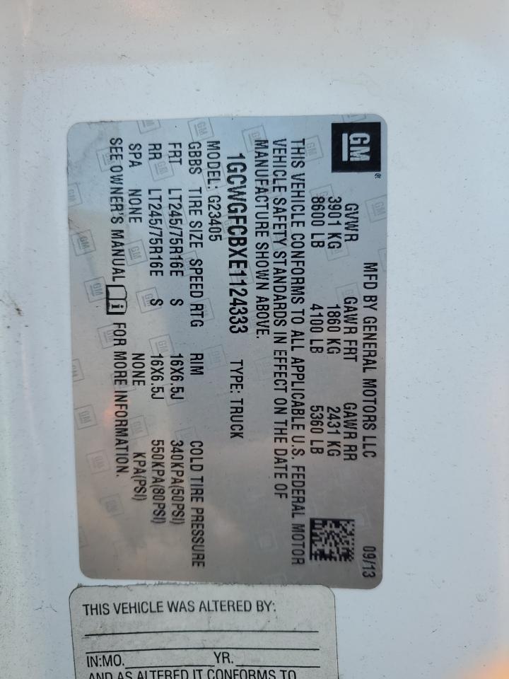 2014 Chevrolet Express G2500 VIN: 1GCWGFCBXE1124333 Lot: 62721535