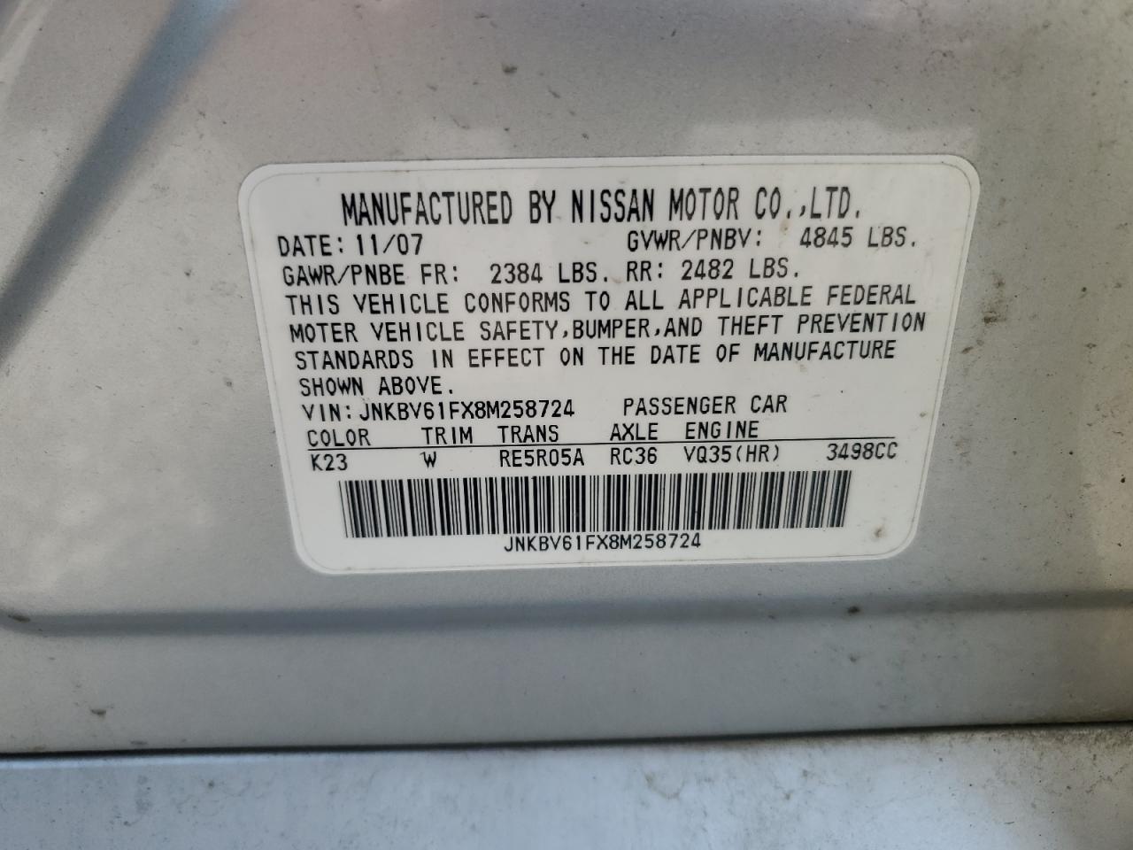 2008 Infiniti G35 VIN: JNKBV61FX8M258724 Lot: 67003695